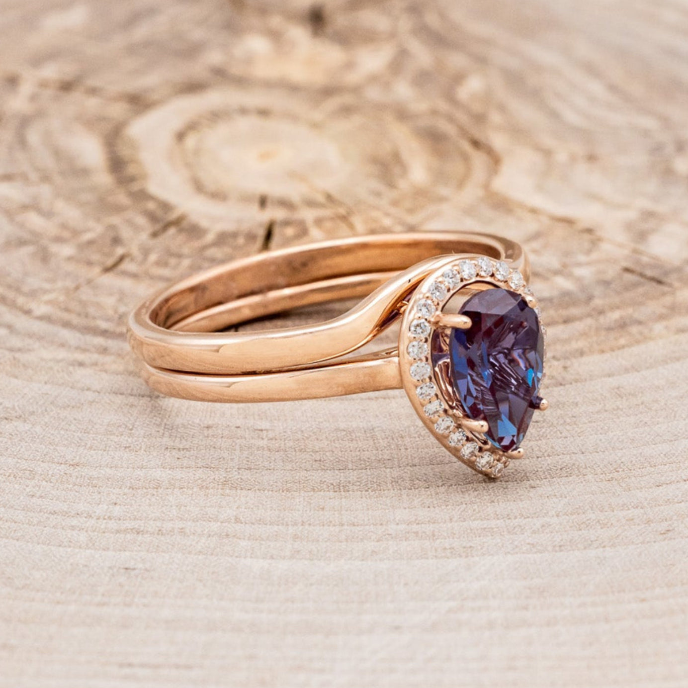 "CLARISS" - PEAR-SHAPED LAB-GROWN ALEXANDRITE ENGAGEMENT RING SET WITH DIAMOND ACCENTS & STACKER-2