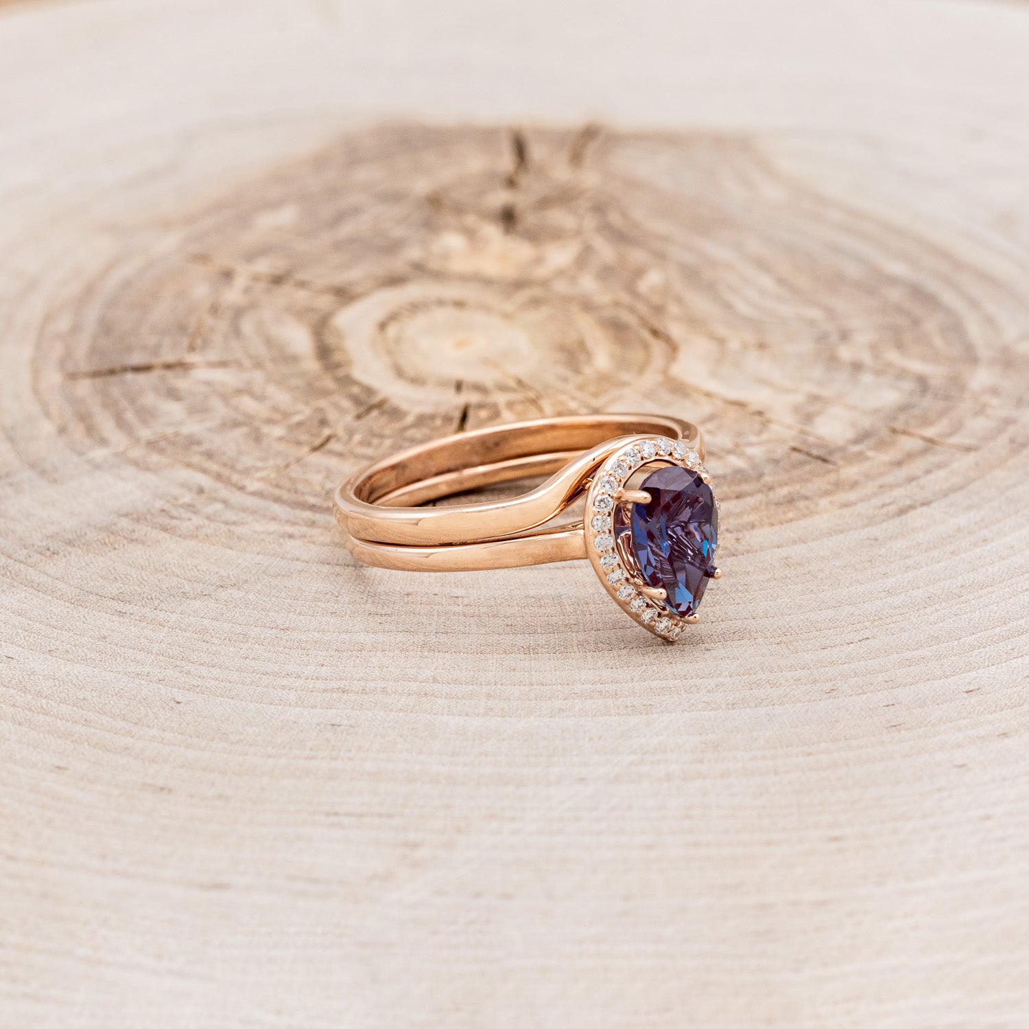 "CLARISS" - PEAR-SHAPED LAB-GROWN ALEXANDRITE ENGAGEMENT RING SET WITH DIAMOND ACCENTS & STACKER-2