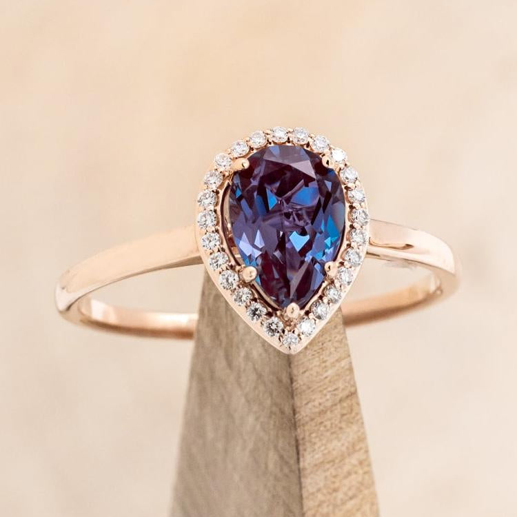 "CLARISS" - PEAR-SHAPED LAB-GROWN ALEXANDRITE ENGAGEMENT RING SET WITH DIAMOND ACCENTS & STACKER-7