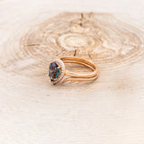 "CLARISS" - BRIDAL SUITE - PEAR SHAPED LAB-GROWN ALEXANDRITE ENGAGEMENT RING WITH DIAMOND HALO & TRACERS-18