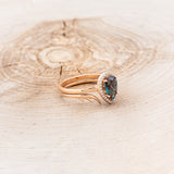 "CLARISS" - BRIDAL SUITE - PEAR SHAPED LAB-GROWN ALEXANDRITE ENGAGEMENT RING WITH DIAMOND HALO & TRACERS-17