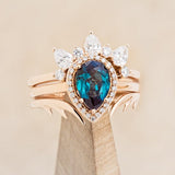 "CLARISS" - BRIDAL SUITE - PEAR SHAPED LAB-GROWN ALEXANDRITE ENGAGEMENT RING WITH DIAMOND HALO & TRACERS-1