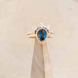 "CLARISS" - BRIDAL SUITE - PEAR SHAPED LAB-GROWN ALEXANDRITE ENGAGEMENT RING WITH DIAMOND HALO & TRACERS-6