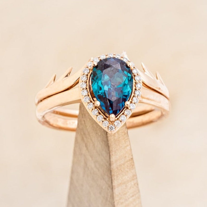 "CLARISS" - PEAR SHAPED LAB-GROWN ALEXANDRITE ENGAGEMENT RING WITH DIAMOND HALO & ANTLER TRACER-1