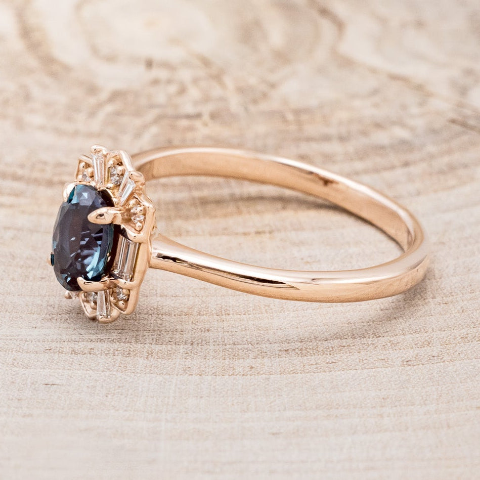 "Cleopatra" - Oval Cut Engagement Ring With Diamond Halo & Tracer-Staghead Designs