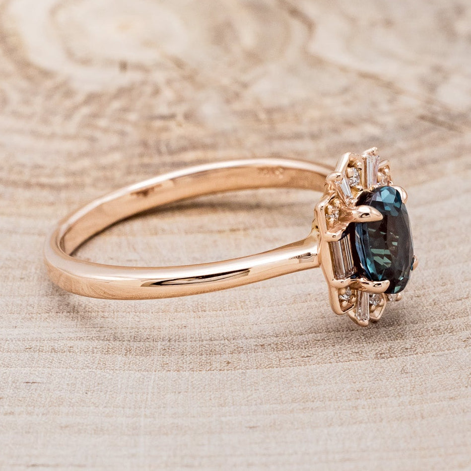 "Cleopatra" - Oval Cut Engagement Ring With Diamond Halo & Tracer-Staghead Designs