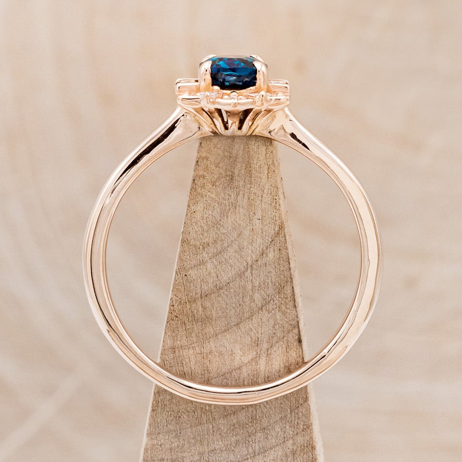 "Cleopatra" - Oval Cut Engagement Ring With Diamond Halo & Tracer-Staghead Designs