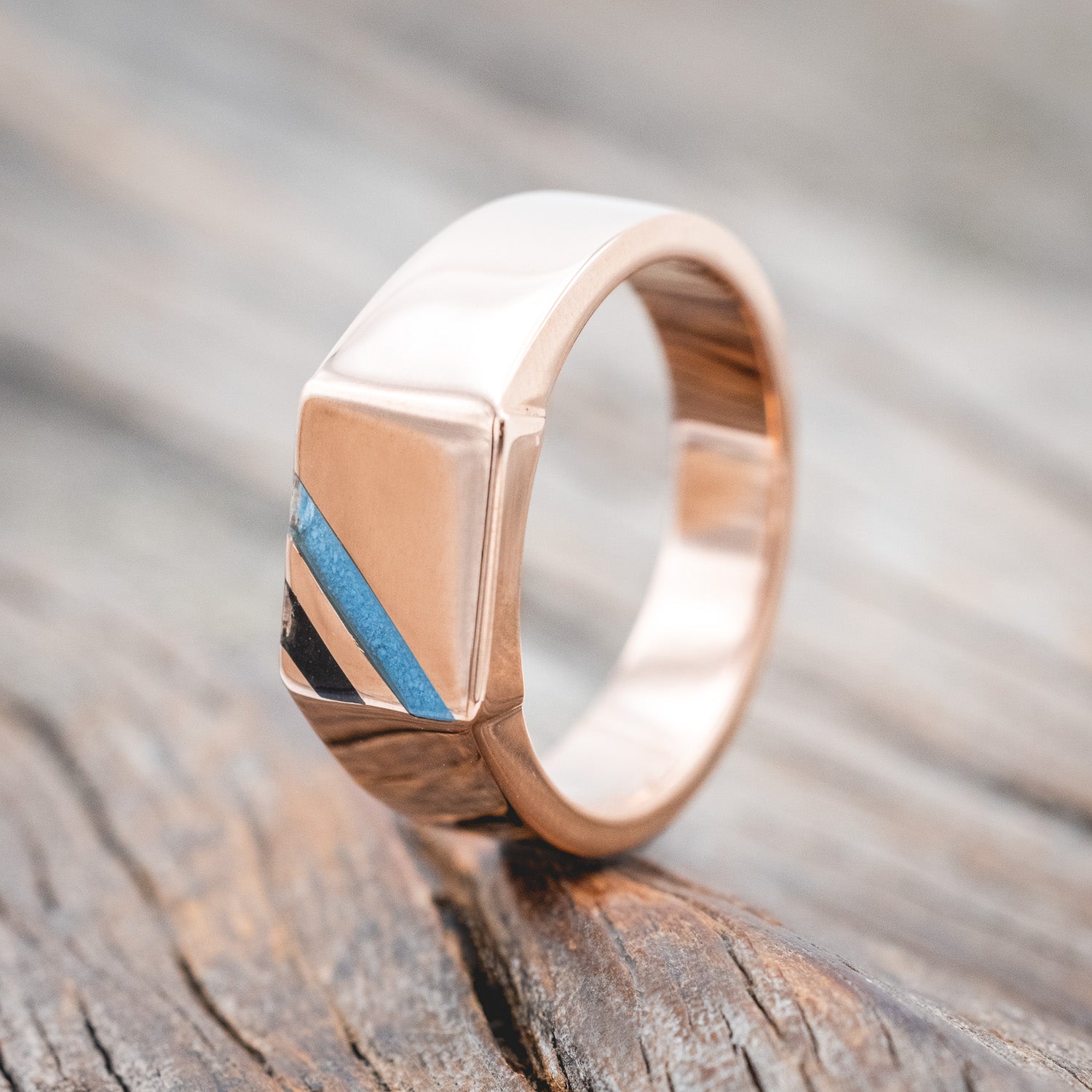 "COLTER" - FLAT TOP WEDDING RING FEATURING DIAGONAL ONYX & TURQUOISE INLAYS-Staghead Designs