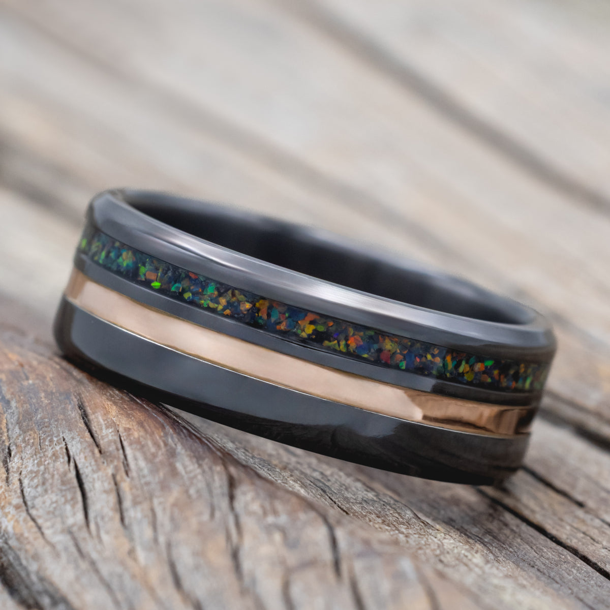 "Cosmo" - Black Fire Opal & 14K Gold Inlay Wedding Ring-Staghead Designs