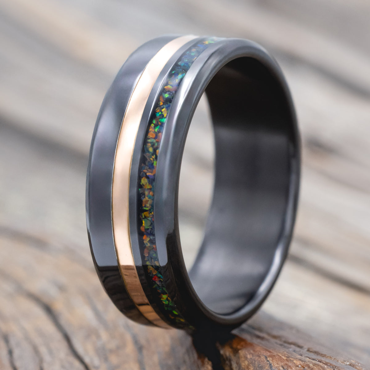 "Cosmo" - Black Fire Opal & 14K Gold Inlay Wedding Ring-Staghead Designs