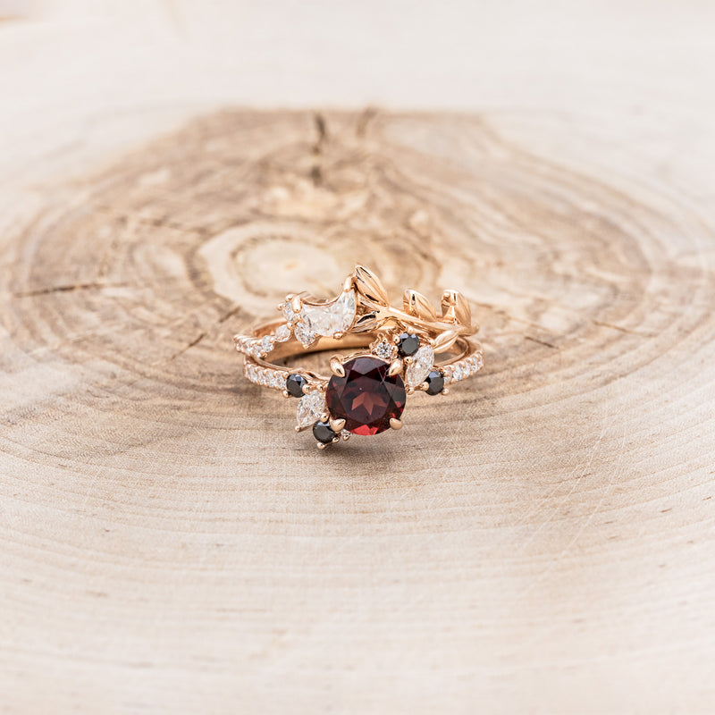 "DEMETER" - BRIDAL SUITE - ROUND GARNET ENGAGEMENT RING WITH BLACK & WHITE DIAMOND ACCENTS & TWO DIAMOND TRACERS WITH CRESCENT MOON ACCENTS-39