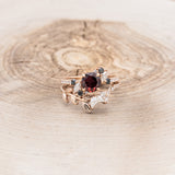 "DEMETER" - BRIDAL SUITE - ROUND GARNET ENGAGEMENT RING WITH BLACK & WHITE DIAMOND ACCENTS & TWO DIAMOND TRACERS WITH CRESCENT MOON ACCENTS-44