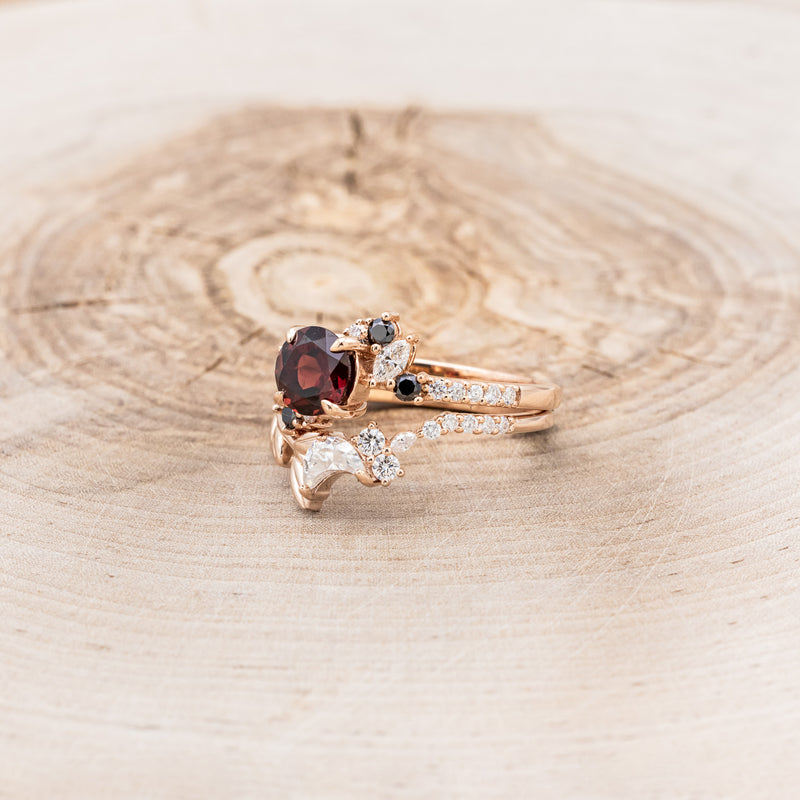 "DEMETER" - BRIDAL SUITE - ROUND GARNET ENGAGEMENT RING WITH BLACK & WHITE DIAMOND ACCENTS & TWO DIAMOND TRACERS WITH CRESCENT MOON ACCENTS-43