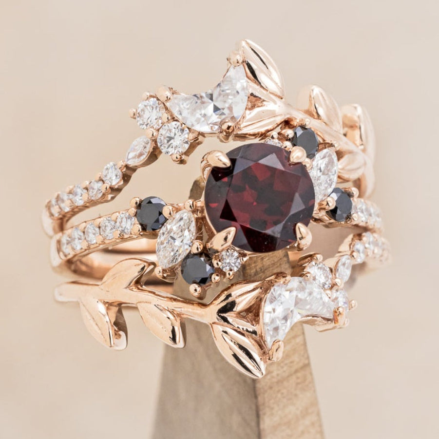 "DEMETER" - BRIDAL SUITE - ROUND GARNET ENGAGEMENT RING WITH BLACK & WHITE DIAMOND ACCENTS & TWO DIAMOND TRACERS WITH CRESCENT MOON ACCENTS-30