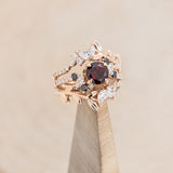 "DEMETER" - BRIDAL SUITE - ROUND GARNET ENGAGEMENT RING WITH BLACK & WHITE DIAMOND ACCENTS & TWO DIAMOND TRACERS WITH CRESCENT MOON ACCENTS-30