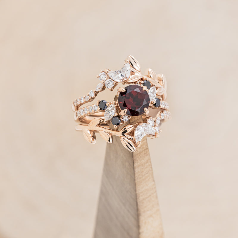 "DEMETER" - BRIDAL SUITE - ROUND GARNET ENGAGEMENT RING WITH BLACK & WHITE DIAMOND ACCENTS & TWO DIAMOND TRACERS WITH CRESCENT MOON ACCENTS-30