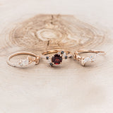 "DEMETER" - BRIDAL SUITE - ROUND GARNET ENGAGEMENT RING WITH BLACK & WHITE DIAMOND ACCENTS & TWO DIAMOND TRACERS WITH CRESCENT MOON ACCENTS-35