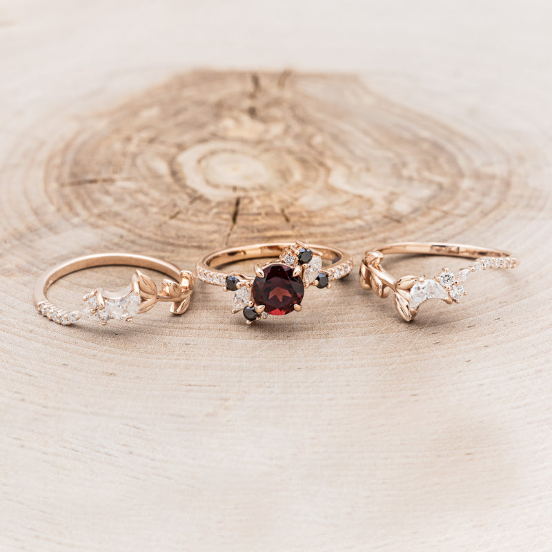 "DEMETER" - BRIDAL SUITE - ROUND GARNET ENGAGEMENT RING WITH BLACK & WHITE DIAMOND ACCENTS & TWO DIAMOND TRACERS WITH CRESCENT MOON ACCENTS-35