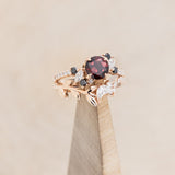 "DEMETER" - BRIDAL SUITE - ROUND GARNET ENGAGEMENT RING WITH BLACK & WHITE DIAMOND ACCENTS & TWO DIAMOND TRACERS WITH CRESCENT MOON ACCENTS-41