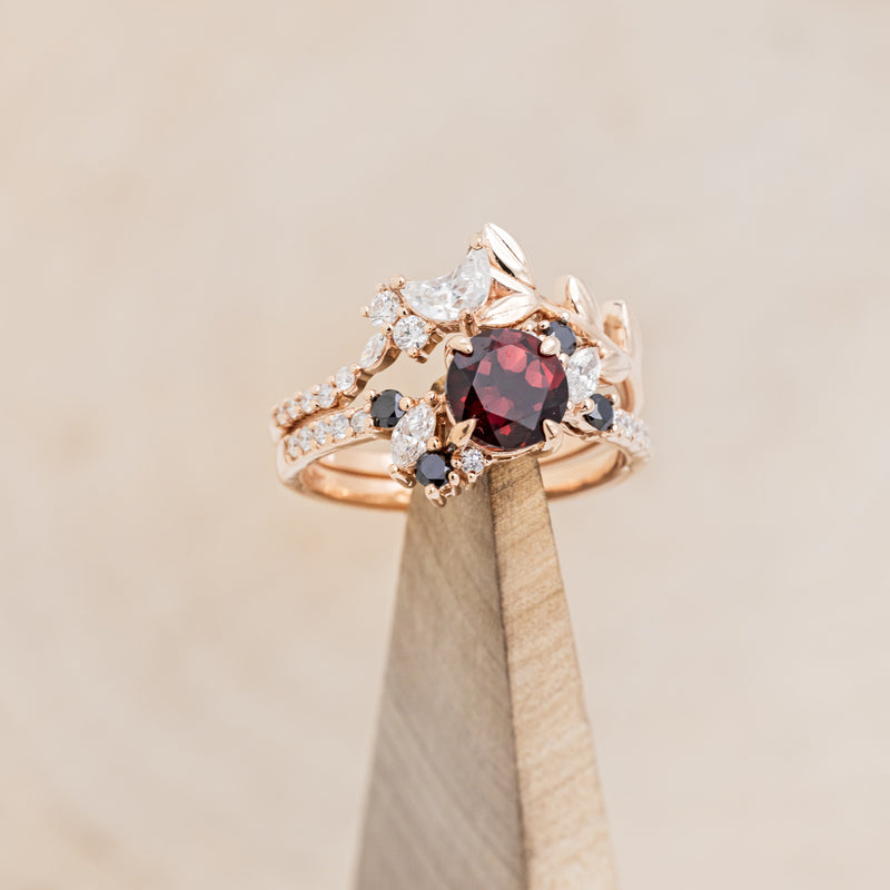 "DEMETER" - BRIDAL SUITE - ROUND GARNET ENGAGEMENT RING WITH BLACK & WHITE DIAMOND ACCENTS & TWO DIAMOND TRACERS WITH CRESCENT MOON ACCENTS-36