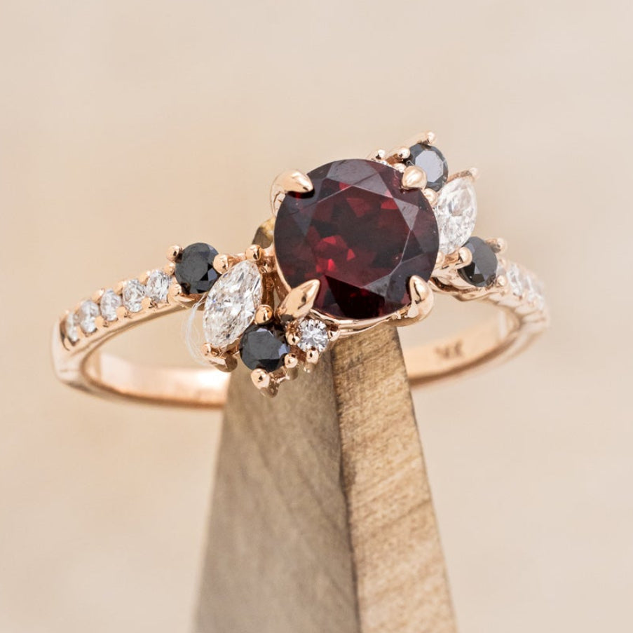 "DEMETER" - BRIDAL SUITE - ROUND GARNET ENGAGEMENT RING WITH BLACK & WHITE DIAMOND ACCENTS & TWO DIAMOND TRACERS WITH CRESCENT MOON ACCENTS-46