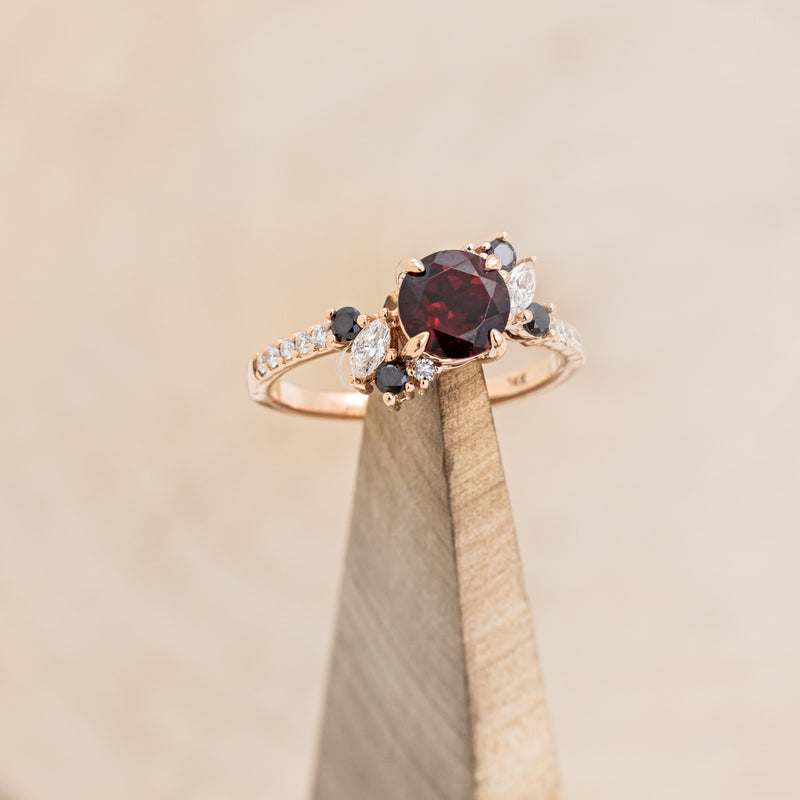 "DEMETER" - BRIDAL SUITE - ROUND GARNET ENGAGEMENT RING WITH BLACK & WHITE DIAMOND ACCENTS & TWO DIAMOND TRACERS WITH CRESCENT MOON ACCENTS-46