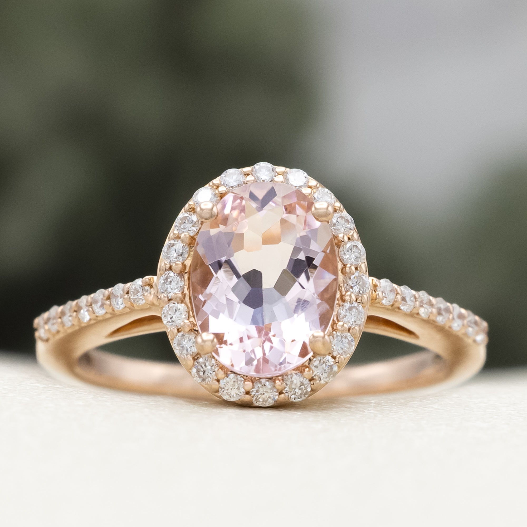 "DIANA" - OVAL CUT MORGANITE ENGAGEMENT RING WITH DIAMOND HALO & ACCENTS-Staghead Designs