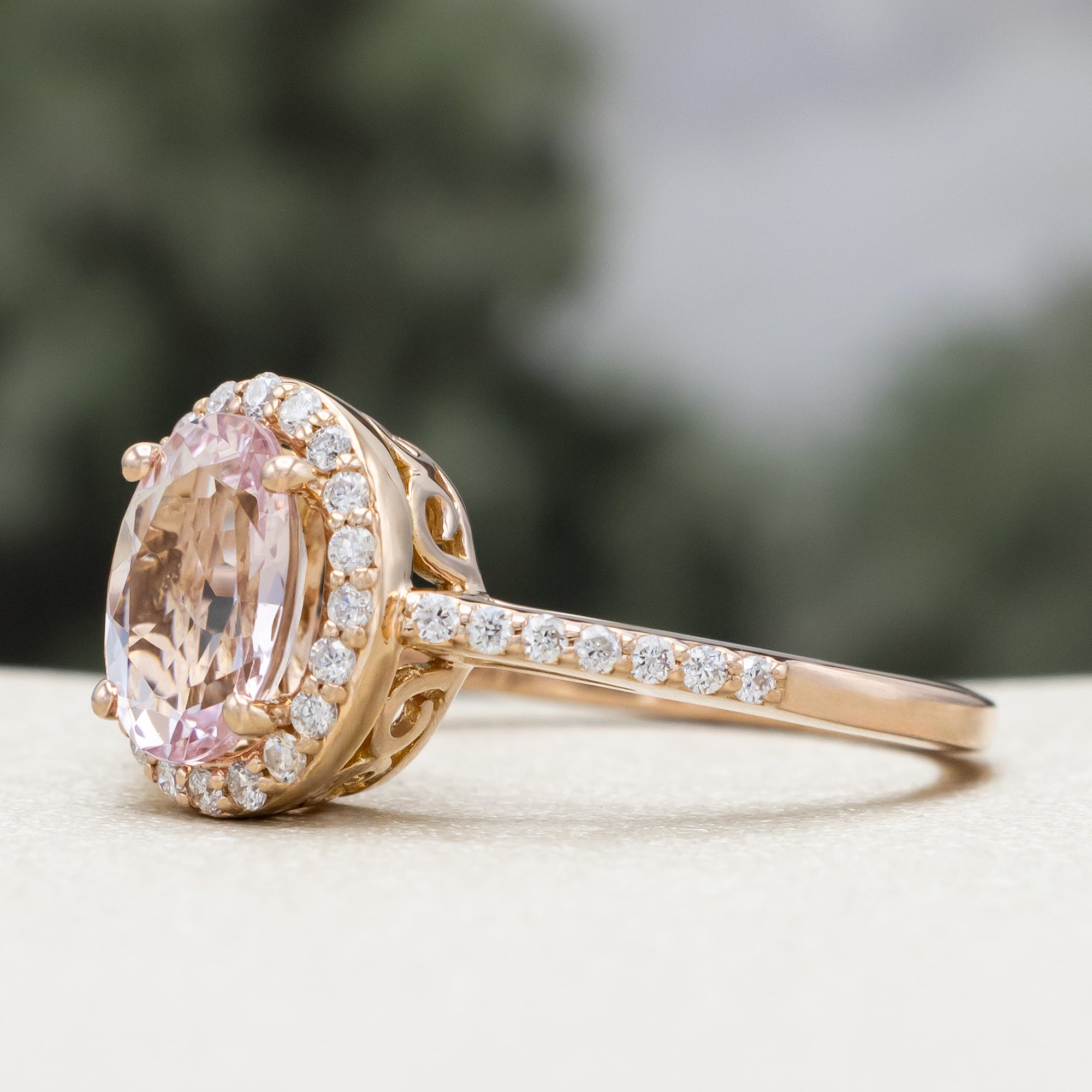 "DIANA" - OVAL CUT MORGANITE ENGAGEMENT RING WITH DIAMOND HALO & ACCENTS-Staghead Designs