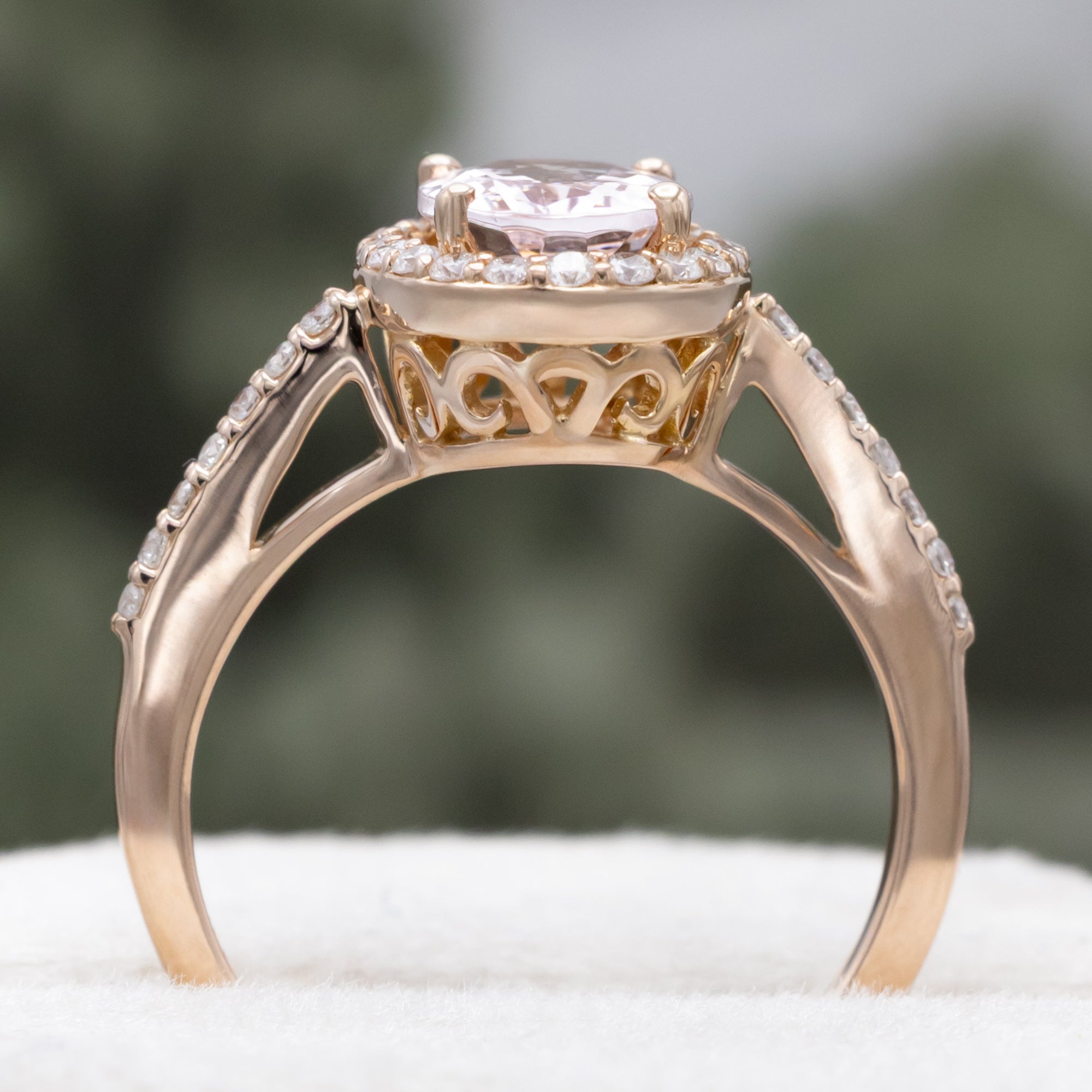 "DIANA" - OVAL CUT MORGANITE ENGAGEMENT RING WITH DIAMOND HALO & ACCENTS-Staghead Designs