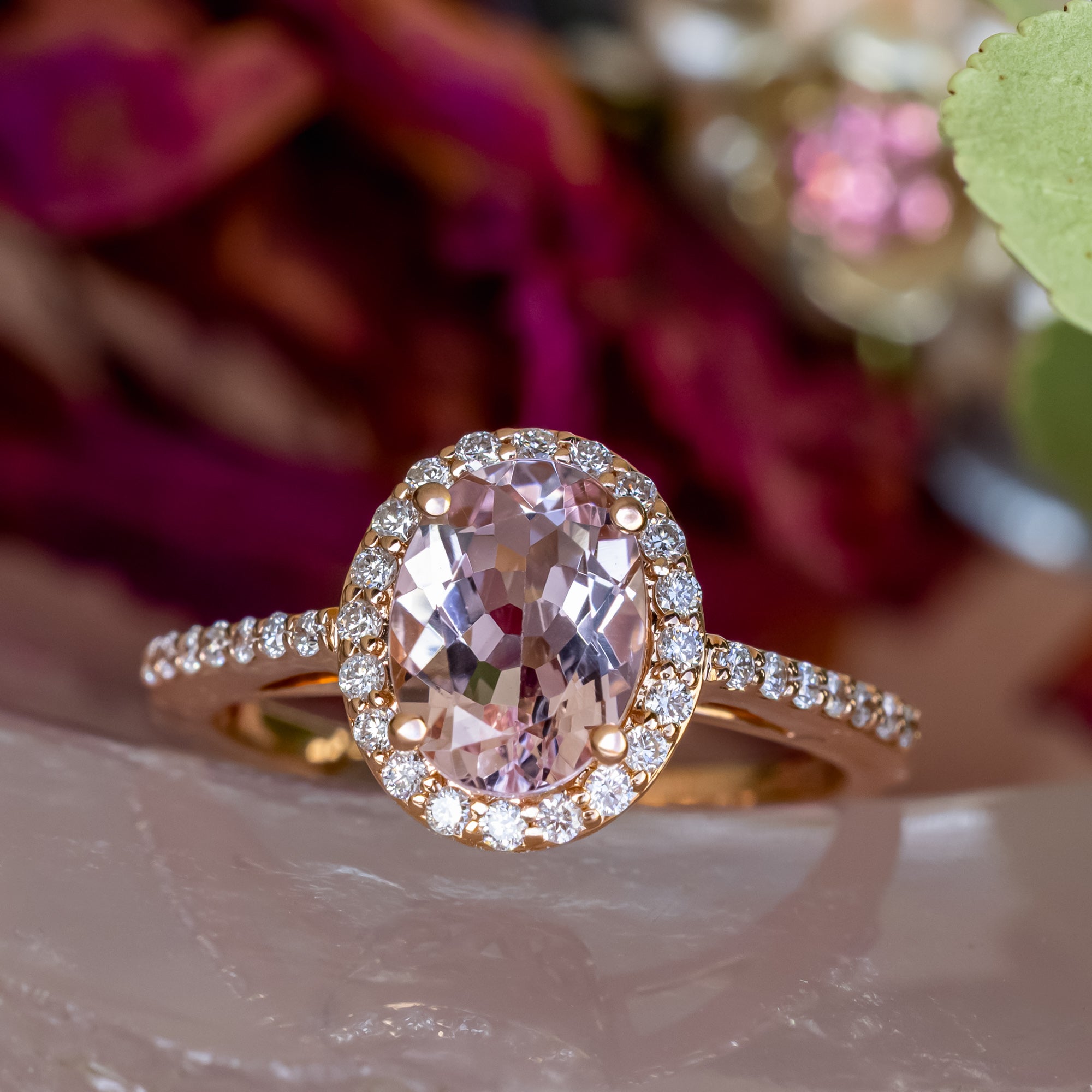 "DIANA" - OVAL CUT MORGANITE ENGAGEMENT RING WITH DIAMOND HALO & ACCENTS-Staghead Designs
