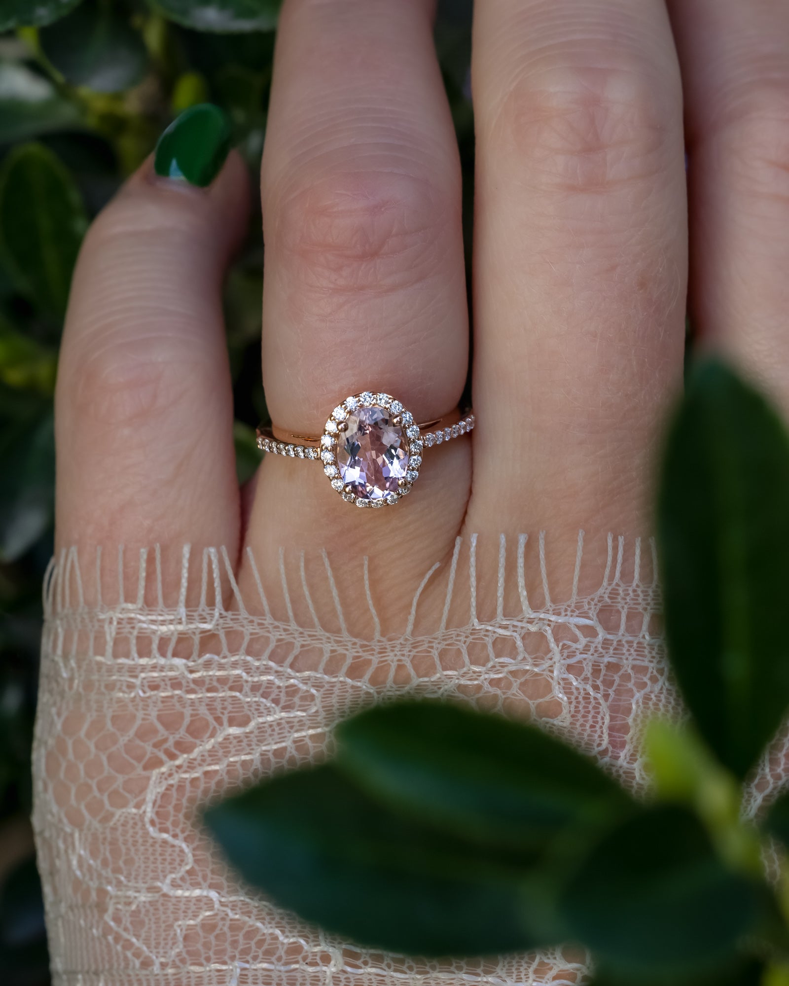 "DIANA" - OVAL CUT MORGANITE ENGAGEMENT RING WITH DIAMOND HALO & ACCENTS-Staghead Designs