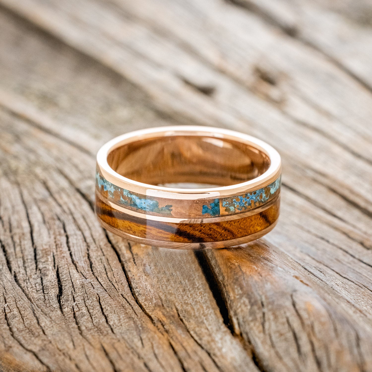 "DYAD" - IRONWOOD & PATINA COPPER WEDDING RING FEATURING A 14K GOLD BAND-3