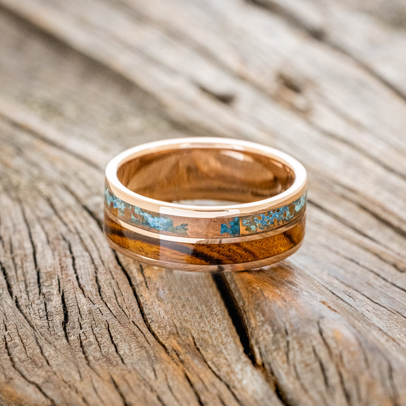 "DYAD" - IRONWOOD & PATINA COPPER WEDDING RING FEATURING A 14K GOLD BAND