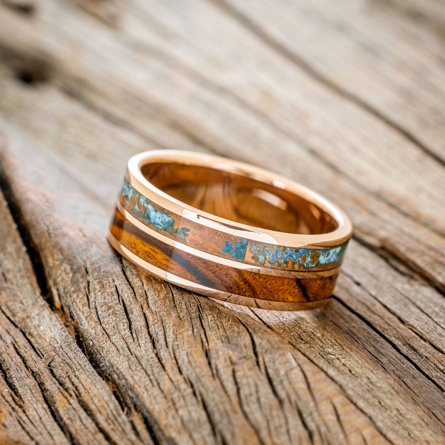 "DYAD" - IRONWOOD & PATINA COPPER WEDDING RING FEATURING A 14K GOLD BAND-2