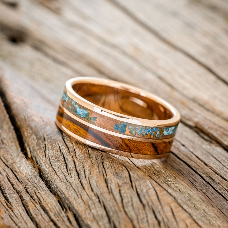 "DYAD" - IRONWOOD & PATINA COPPER WEDDING RING FEATURING A 14K GOLD BAND