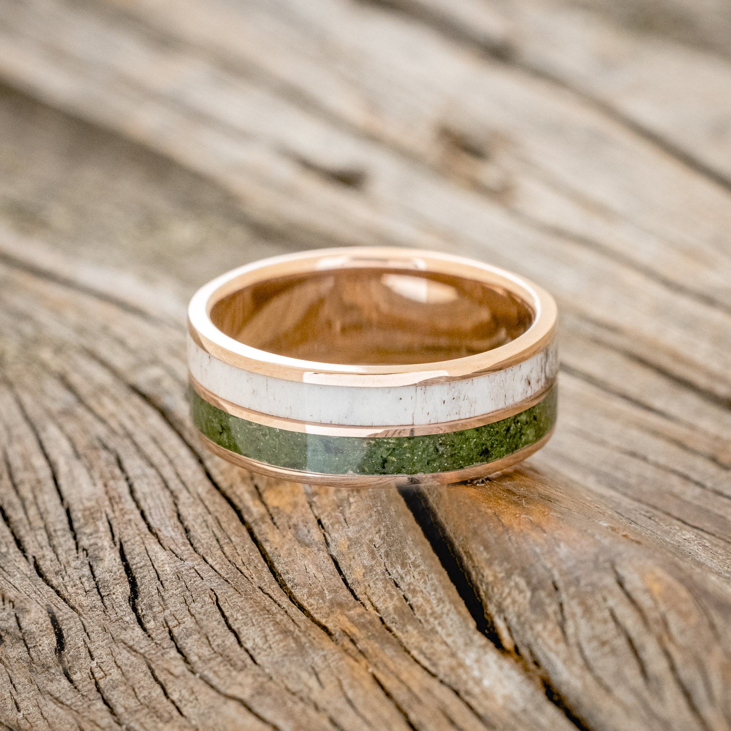 MATCHING SET OF "OCTAVIA" MOSS AGATE & TRACER WITH "DYAD" ANTLER & MOSS WEDDING RINGS-18