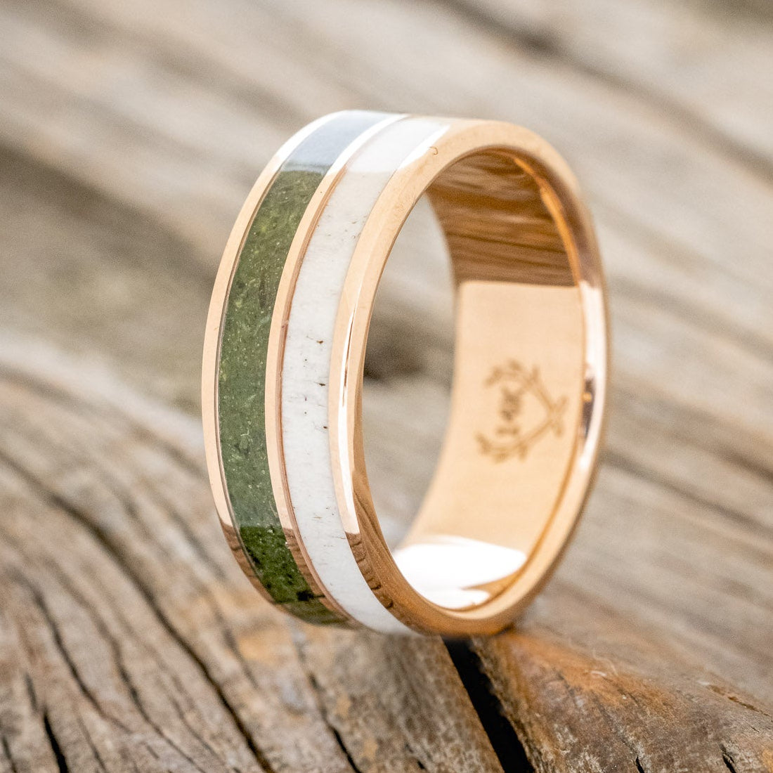 MATCHING SET OF "ZELLA" MOSS AGATE & "DYAD" MOSS & ANTLER INLAY WEDDING RINGS-16