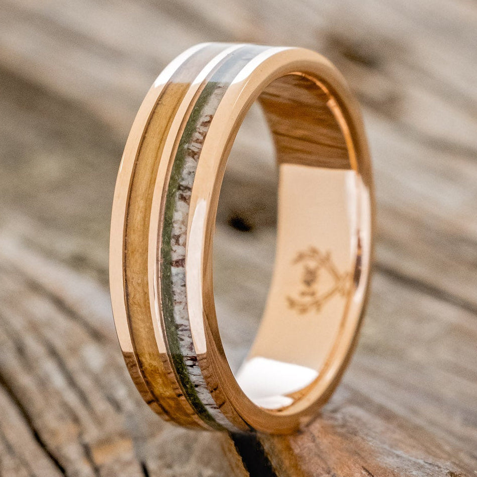 "Dyad" - Moss, Antler & Whiskey Barrel Oak Wedding Band-Staghead Designs
