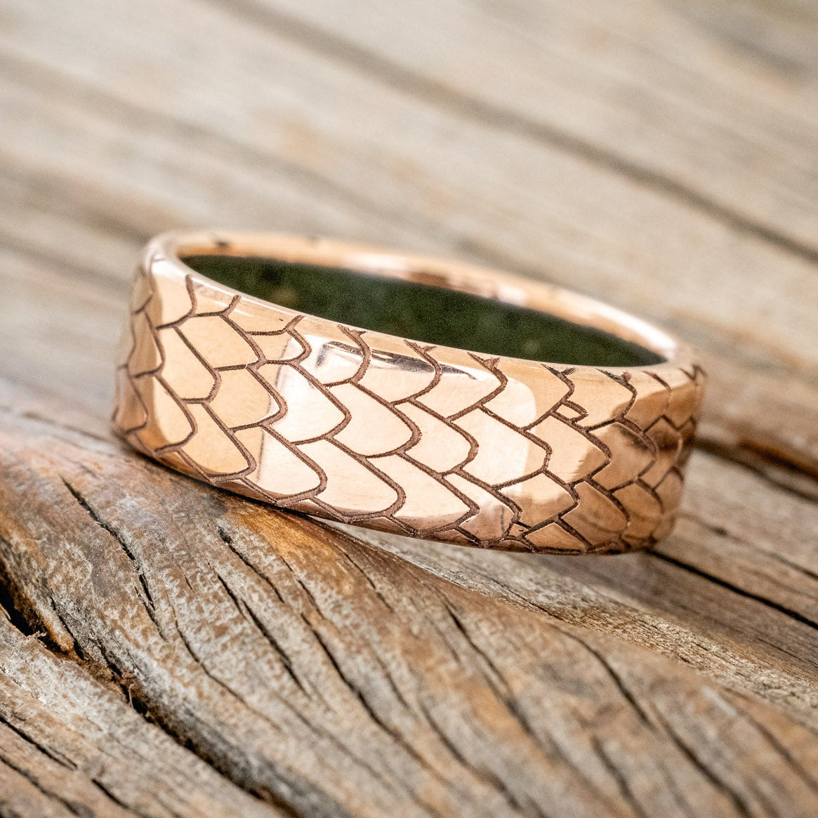 "Echo" - Dragon Scale Wedding Ring Featuring A Moss Lined Band-Staghead Designs