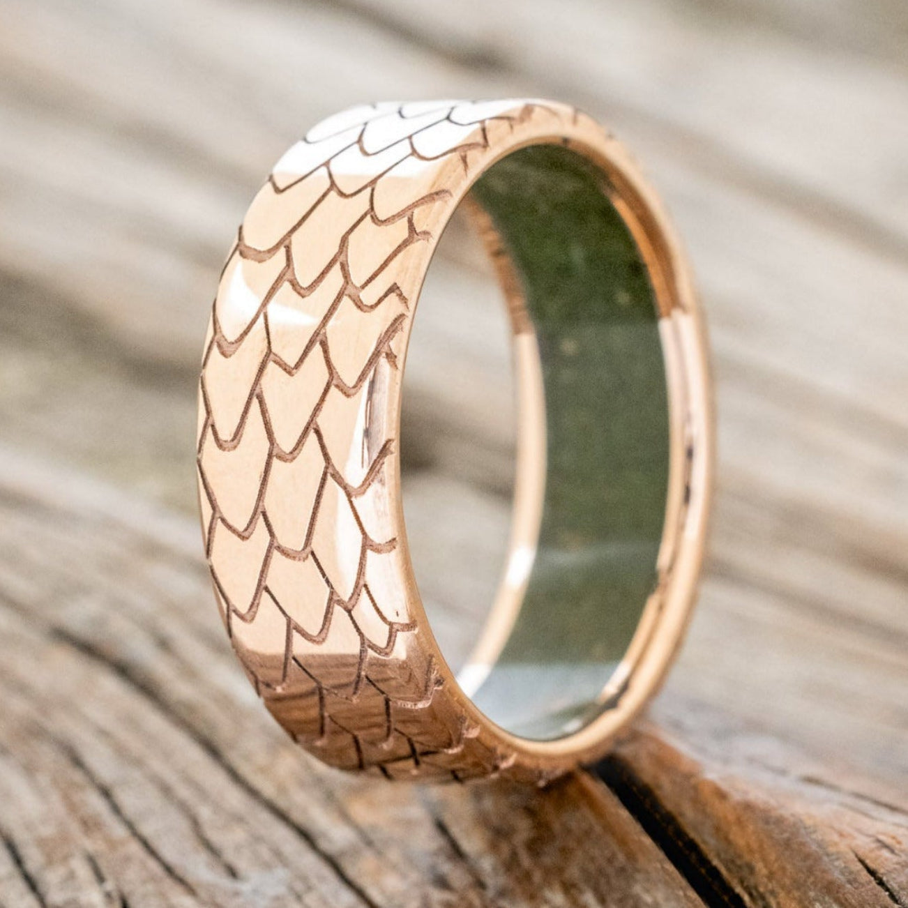 "Echo" - Dragon Scale Wedding Ring Featuring A Moss Lined Band-Staghead Designs