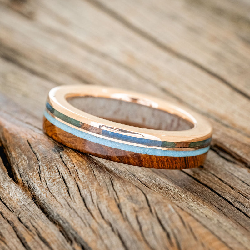 "ELEMENT" - IRONWOOD, PATINA COPPER & TURQUOISE WEDDING RING FEATURING AN ANTLER LINED BAND-2