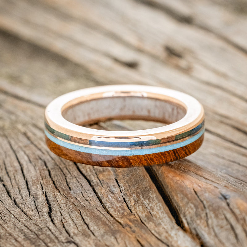 "ELEMENT" - IRONWOOD, PATINA COPPER & TURQUOISE WEDDING RING FEATURING AN ANTLER LINED BAND-3