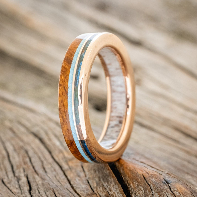 "ELEMENT" - IRONWOOD, PATINA COPPER & TURQUOISE WEDDING RING FEATURING AN ANTLER LINED BAND-1