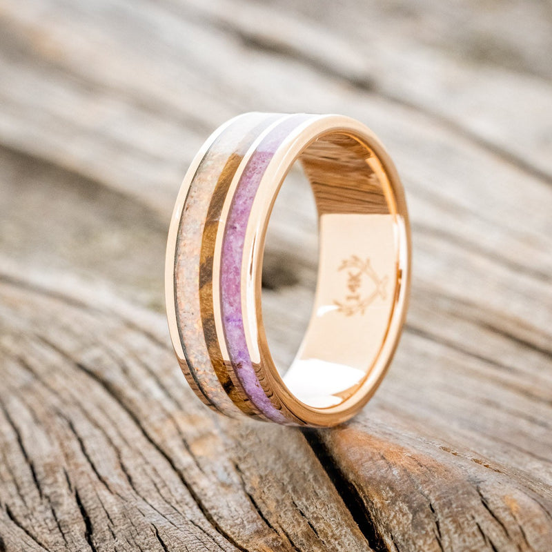 "ELEMENT" - SUGILITE, IRONWOOD & FIRE AND ICE OPAL WEDDING RING FEATURING A 14K GOLD BAND-1