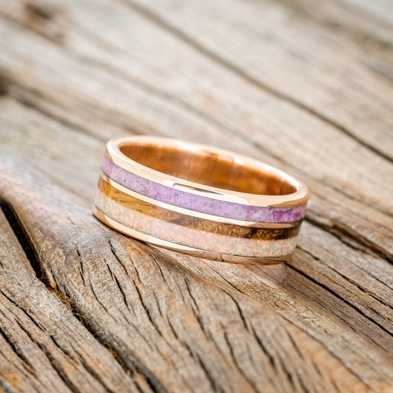 "ELEMENT" - SUGILITE, IRONWOOD & FIRE AND ICE OPAL WEDDING RING FEATURING A 14K GOLD BAND-2