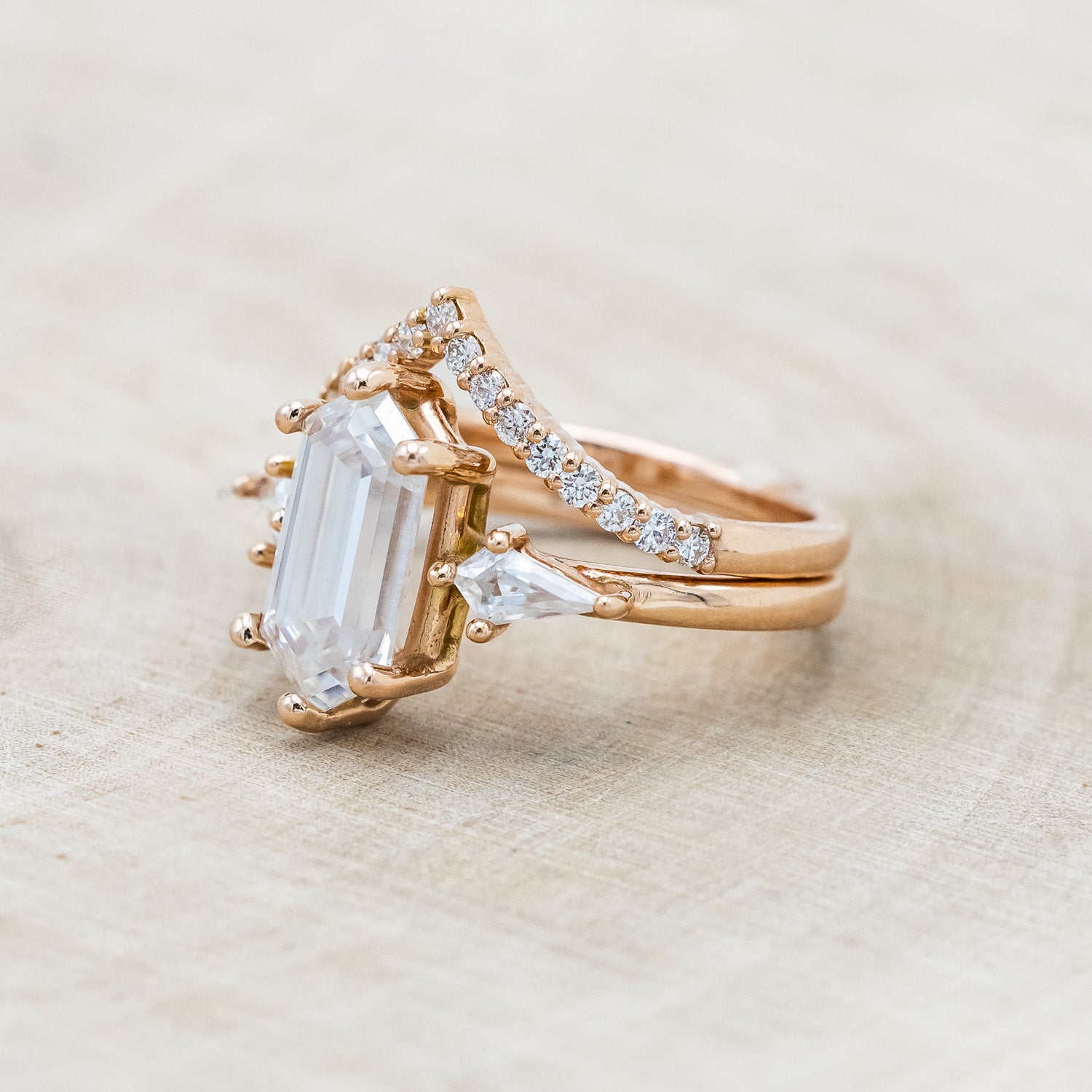 "ISLA" - ELONGATED HEXAGON CUT MOISSANITE ENGAGEMENT RING WITH MOISSANITE ACCENTS & A DIAMOND TRACER-Staghead Designs