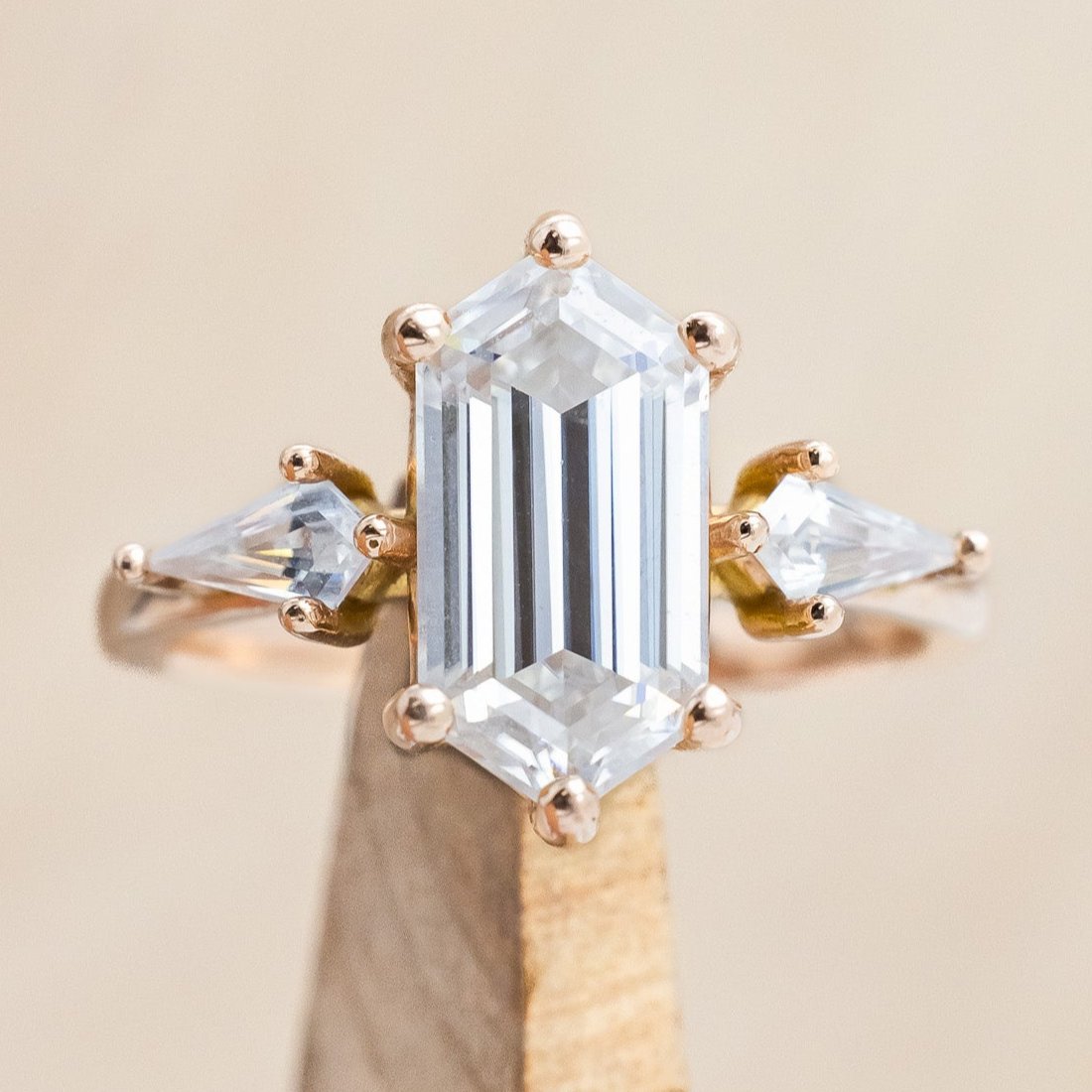 "ISLA" - ELONGATED HEXAGON CUT MOISSANITE ENGAGEMENT RING WITH MOISSANITE ACCENTS & A DIAMOND TRACER-Staghead Designs