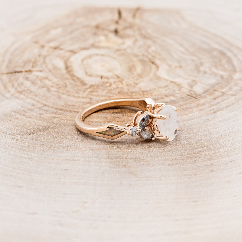 "ERIS" - OVAL-CUT MOONSTONE ENGAGEMENT RING WITH LEAF-SHAPED SALT & PEPPER DIAMOND ACCENTS AND FIRE & ICE OPAL INLAYS-8