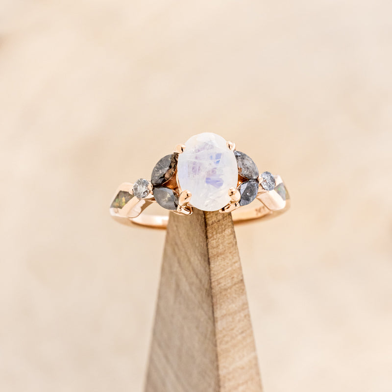 "ERIS" - OVAL-CUT MOONSTONE ENGAGEMENT RING WITH LEAF-SHAPED SALT & PEPPER DIAMOND ACCENTS AND FIRE & ICE OPAL INLAYS-7