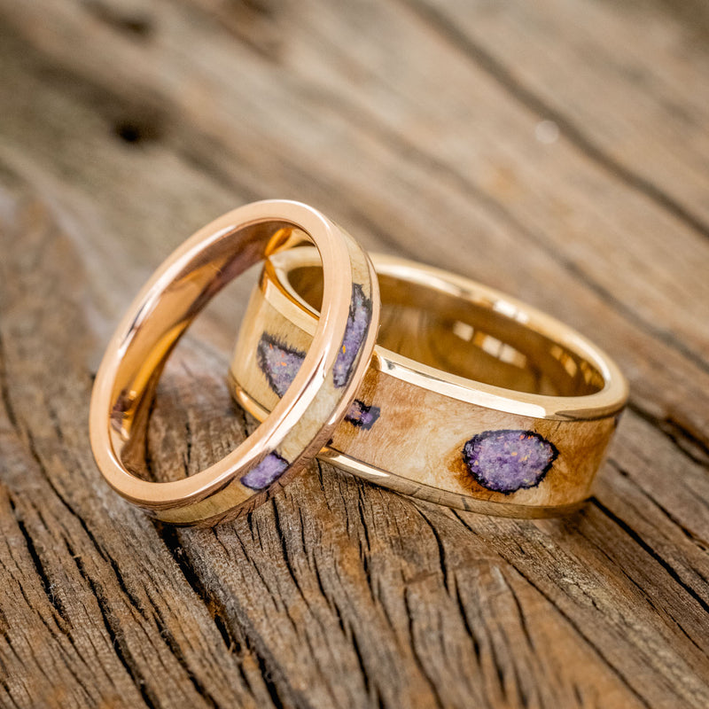 "RAINIER" - MATCHING SET OF BUCKEYE BURL WOOD WITH SUGILITE & OPAL MIX WEDDING BANDS-1